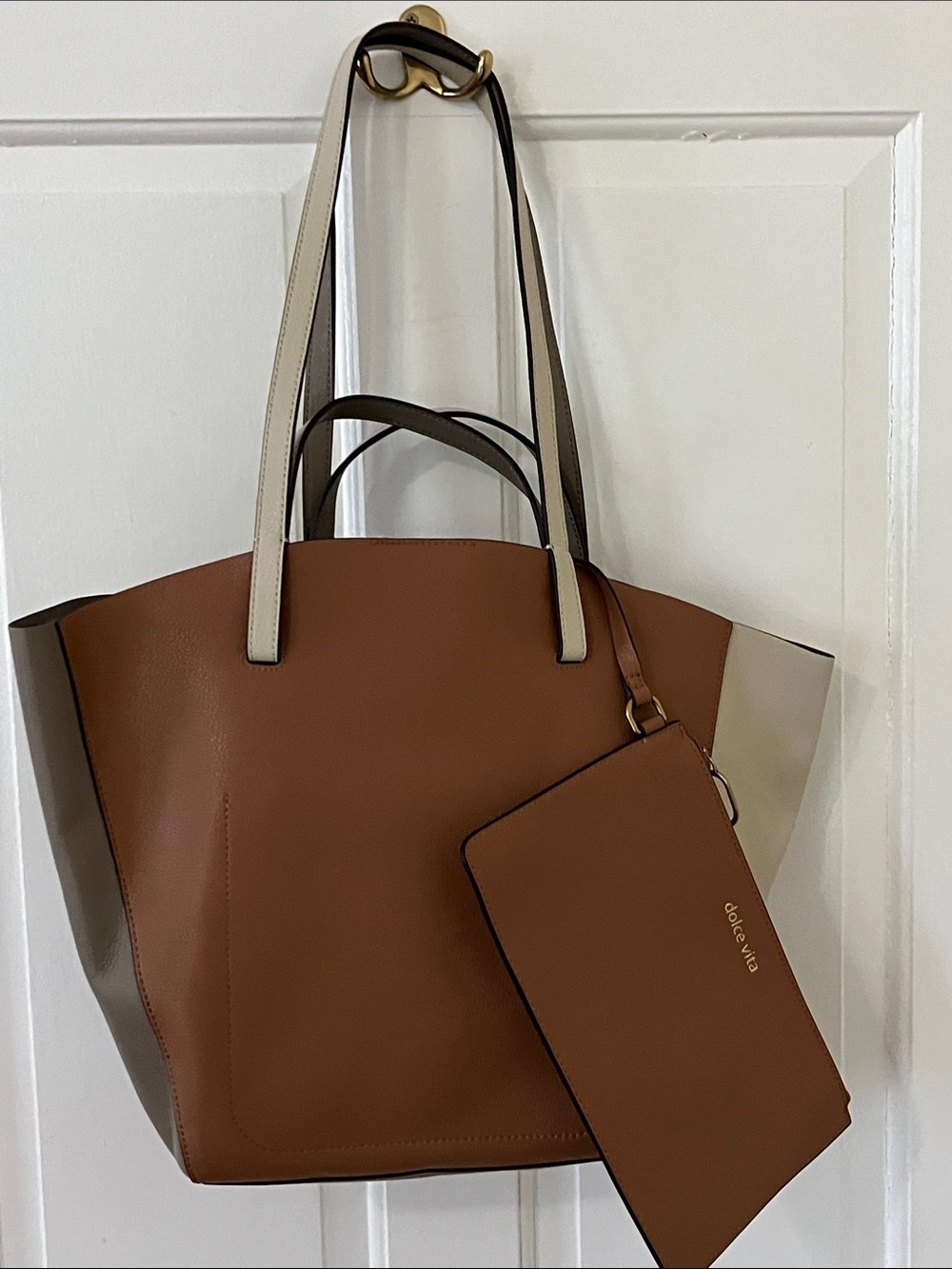 Dolce Vita Two-Tone Brown and Cream Leather Tote with Matching Pouch